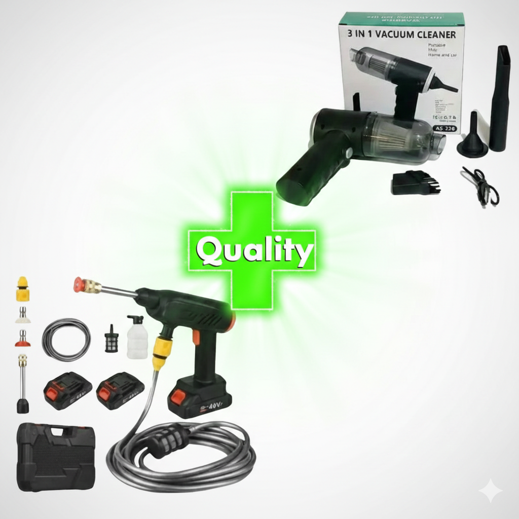COMBO POWER CLEAN: HIDROLAVADORA + ASPIRADORA PORTÁTIL (DOBLE BATERÍA + MALETÍN)