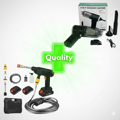 COMBO POWER CLEAN: HIDROLAVADORA + ASPIRADORA PORTÁTIL (DOBLE BATERÍA + MALETÍN)