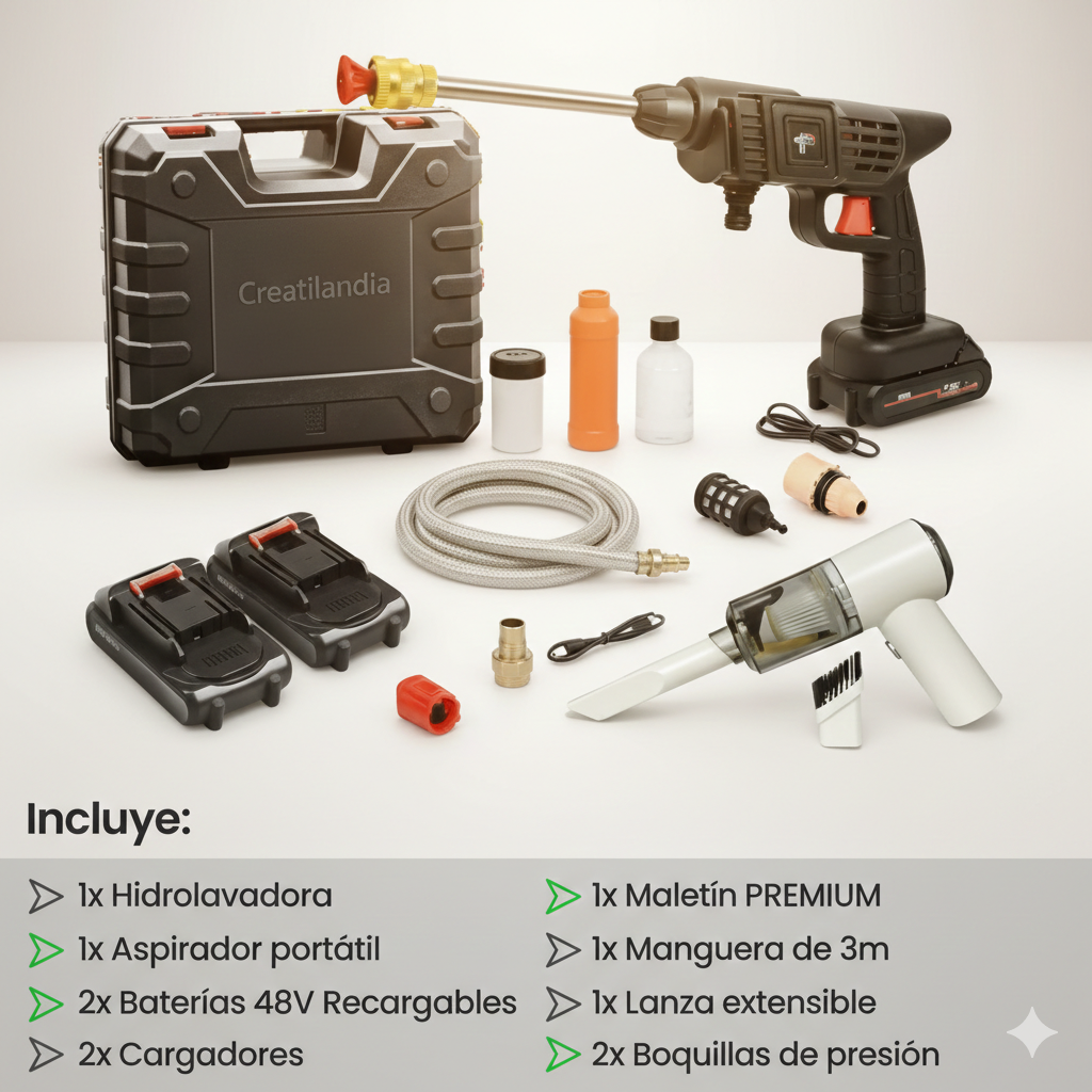 COMBO POWER CLEAN: HIDROLAVADORA + ASPIRADORA PORTÁTIL (DOBLE BATERÍA + MALETÍN)