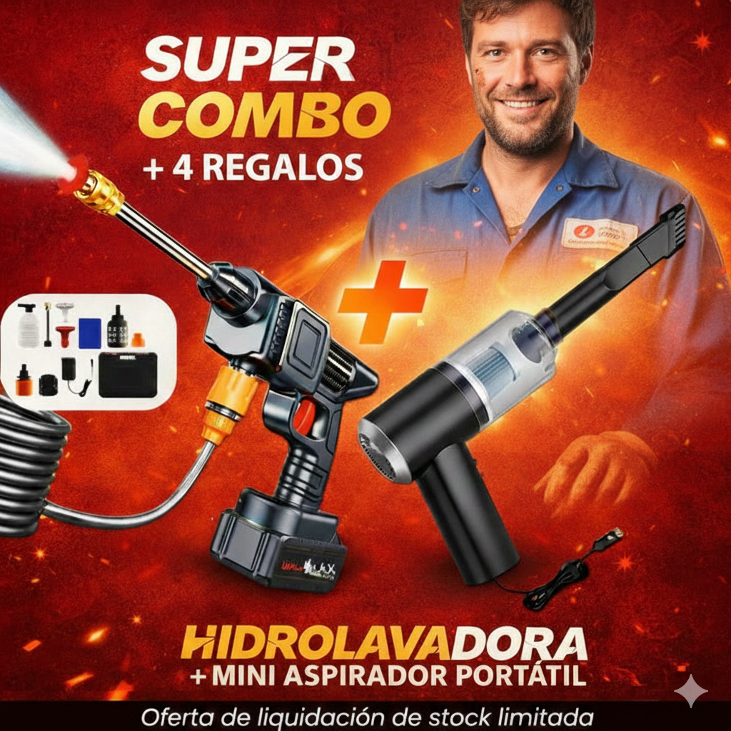 COMBO POWER CLEAN: HIDROLAVADORA + ASPIRADORA PORTÁTIL (DOBLE BATERÍA + MALETÍN)