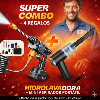 COMBO POWER CLEAN: HIDROLAVADORA + ASPIRADORA PORTÁTIL (DOBLE BATERÍA + MALETÍN)